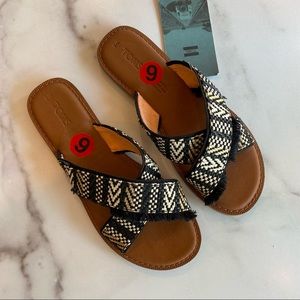 TOMS Viv Woven Cross Strap Black Geometric Textile Slide On Sandal
